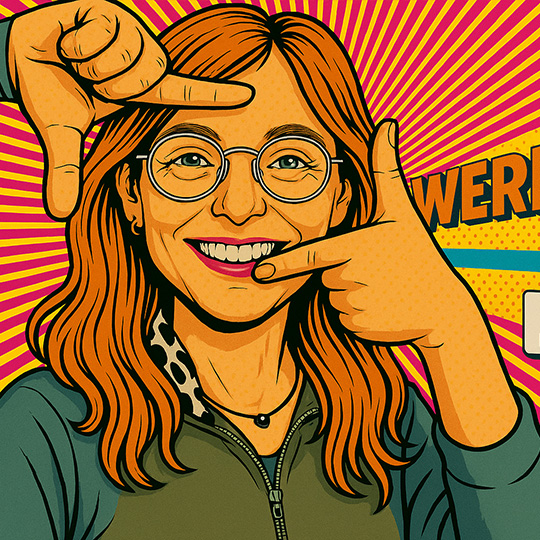 Popart Illustration von einer jungen Frau mit roten Haaren, die mit den Fingern einen Rahmen um ihr Gesicht bildet und lächelt.