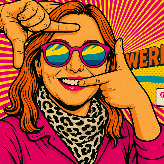 Illustration einer Frau mit Sonnenbrille und Leopardenmuster-Schal in Popart-Stil vor buntem Hintergrund