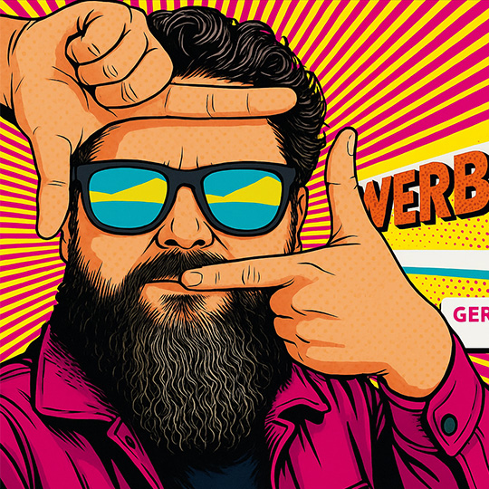 Stilisierte Pop-Art Darstellung eines Mannes mit dunklem Bart und blauer Sonnenbrille, der mit den Händen einen Rahmen um sein Gesicht bildet – Inspirationsmotiv für Gastro.
