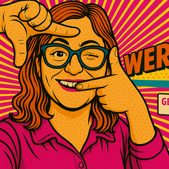 Popart-Illustration einer Frau mit Brille, die mit den Händen einen Rahmen vor ihrem Gesicht formt, gelber Hintergrund mit pinken Strahlen.
