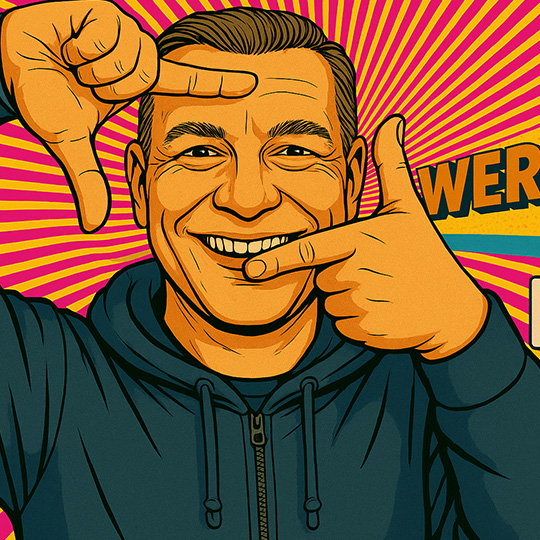 Illustration eines lächelnden Mannes in einem Hoodie, der mit den Händen einen Rahmen vor seinem Gesicht bildet vor einem bunten Hintergrund